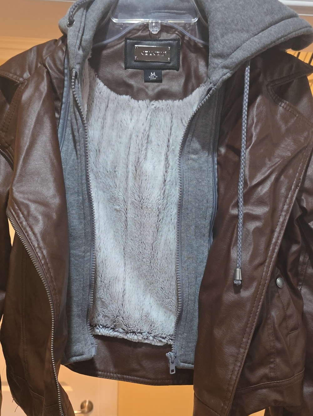 Faux Leather Hooded Jacket Fur  - Brown
